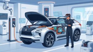 Современная иллюстрация электрических систем автомобиля Mitsubishi для статьи о техническом обслуживании электроники в 2026 году