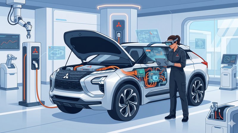 Современная иллюстрация электрических систем автомобиля Mitsubishi для статьи о техническом обслуживании электроники в 2026 году